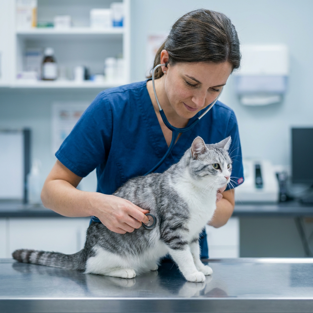 Veterinária examinando gato