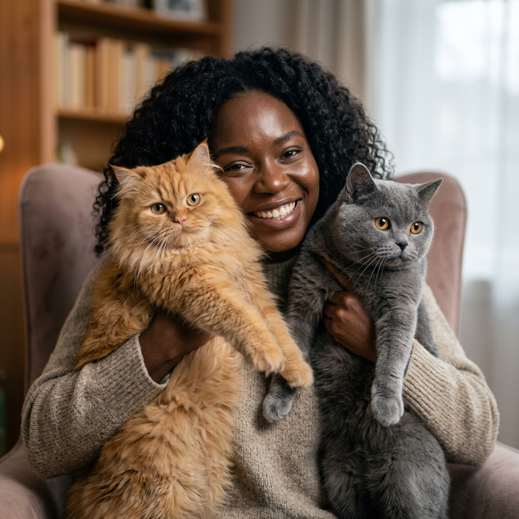 Tutora feliz com dois gatos em casa