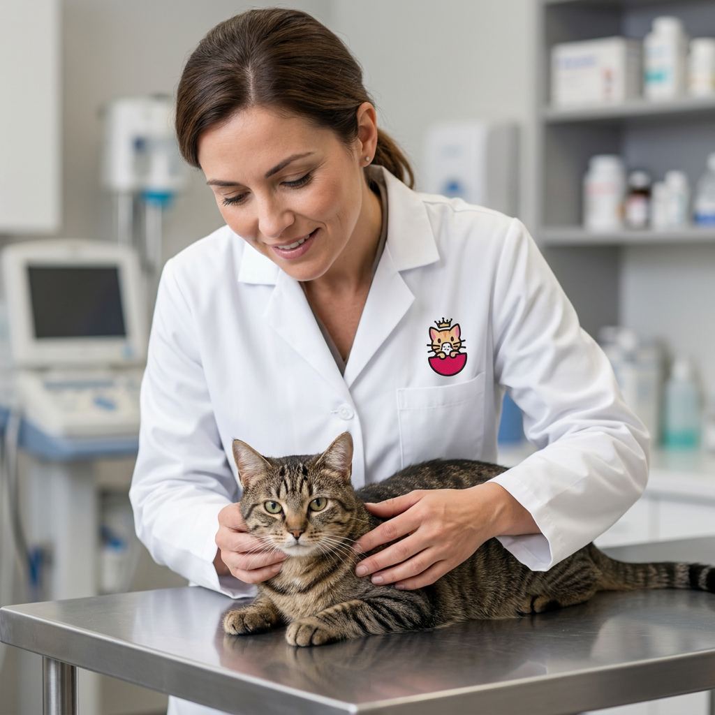 Veterinária com gato tabby