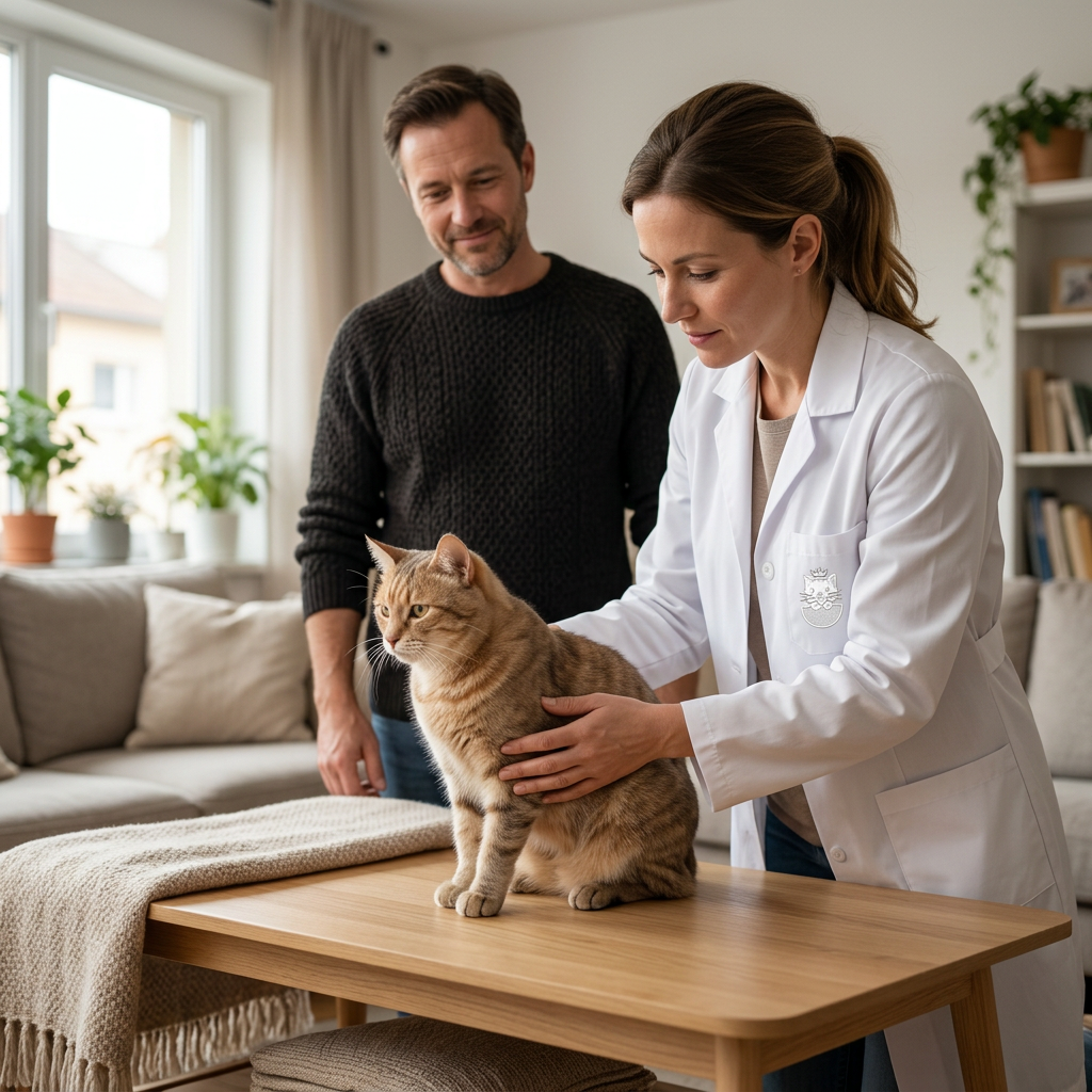 Veterinária realizando consulta domiciliar com gato e tutor, ambiente doméstico com sofá e plantas